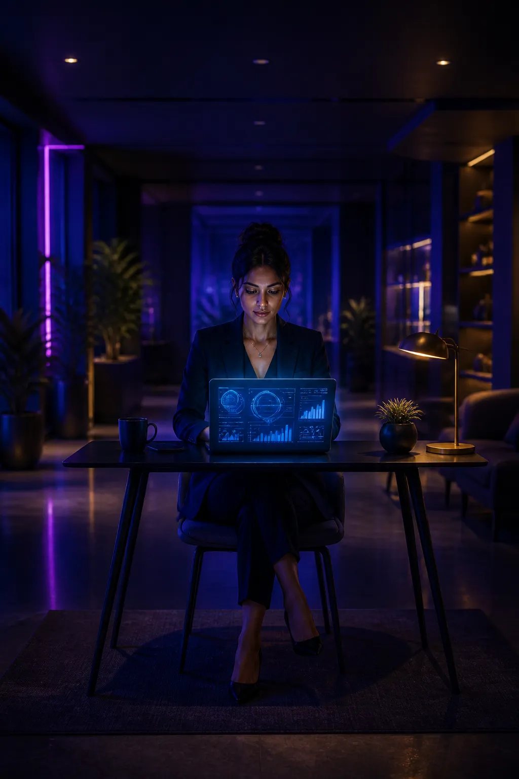 Woman entrepreneur working confidently in a modern AI-powered workspace