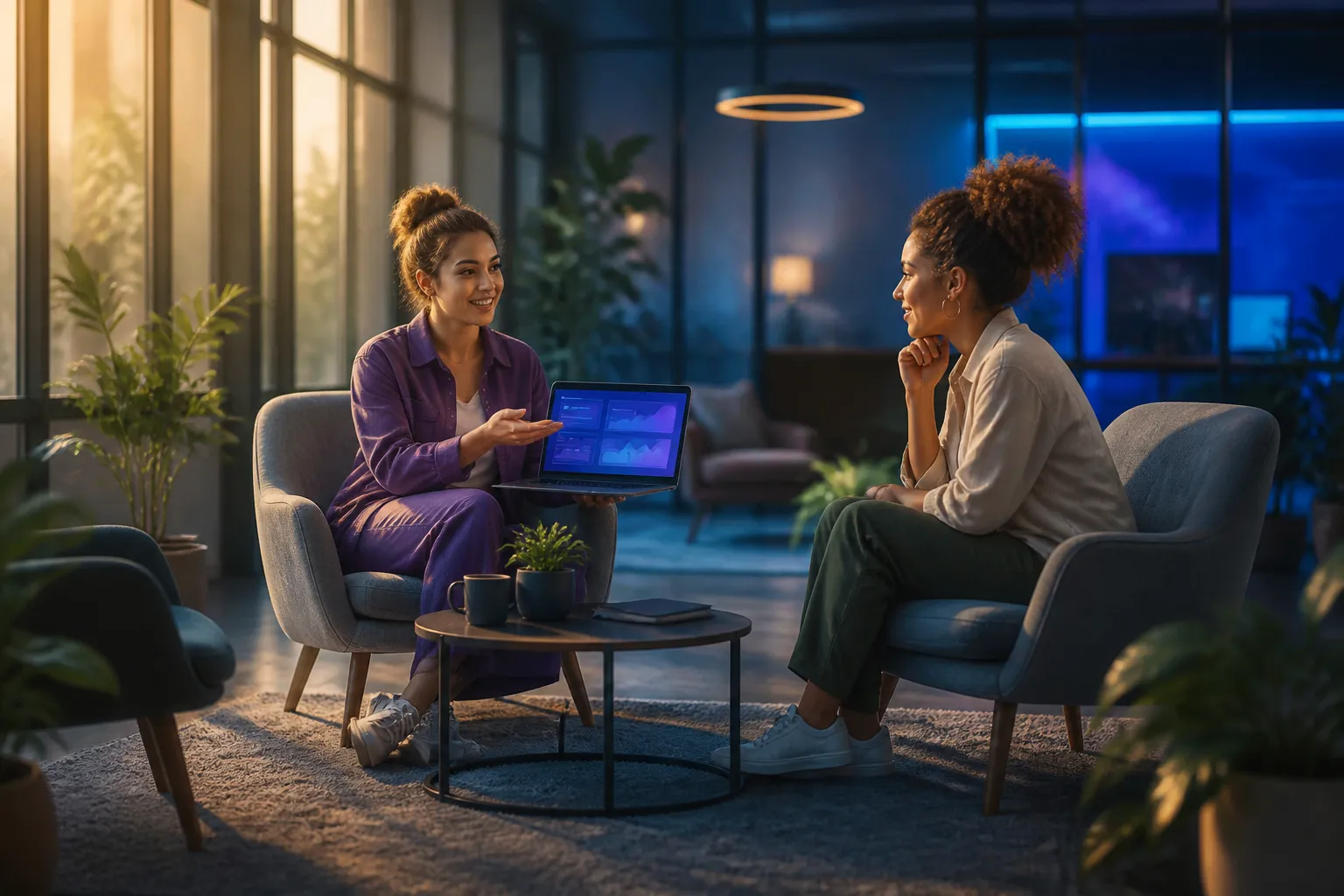 Two women entrepreneurs having a productive conversation about their business growth strategy